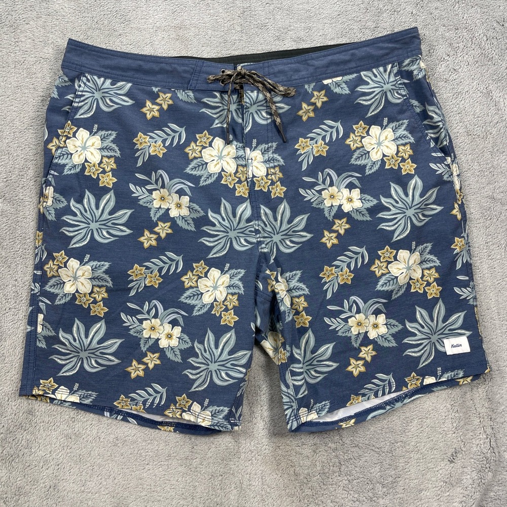 Katin Board Shorts Men 38 Blue Floral Hibiscus Print Swim Trunks Stretch